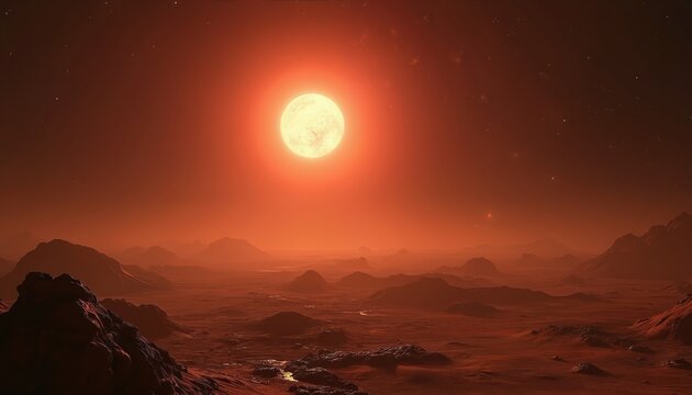 Alien planet landscape at sunset with vast plains rocky mountains and hazy red sky. Distant sun shines brightly over desolate terrain. Stars visible in deep space.