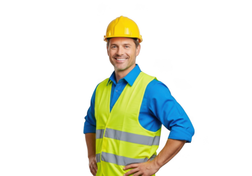 Professional construction worker wearing a yellow hard hat and high visibility safety vest isolated on transparent background - Powered by Adobe