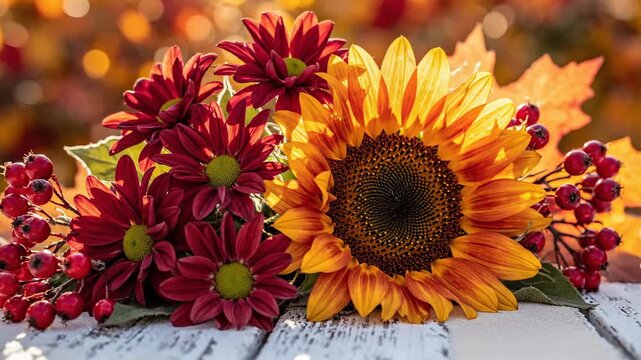 Vibrant autumn floral arrangement with sunflower and berries on rustic wood surface