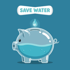 Save Water Piggy Bank Illustration with Water Drop.