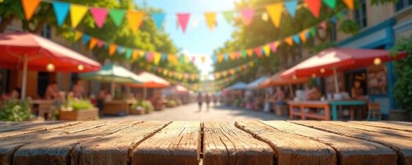 Festive bunting decoration in sunlit town square with cafes, restaurants. Summer fair, celebration, street food festival. Wooden table surface in focus. Background for product presentation at summer