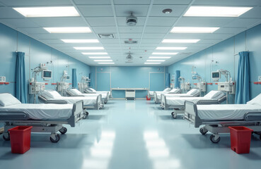 Modern temporary intensive care unit stands empty. Hospital ward features many beds with various medical monitors, IV poles, ventilator machines. Room ready for patients needing critical care,