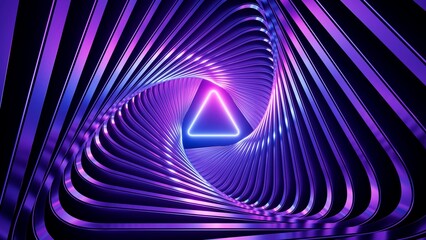 Fototapeta premium Abstract neon geometric background. Polished metallic frames twist and form a tunnel. Linear triangle glowing in ultraviolet spectrum