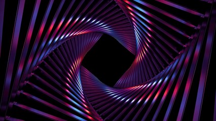 Fototapeta premium abstract futuristic background of metallic diaphragm illuminated with pink and blue neon light. Twisted metallic lines