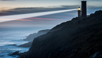 Powerful Lighthouse Beam Illuminates the Dark Misty Ocean Coast