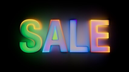 Neon word SALE glows in gradient hues on black. Perfect for store, shopping, and online promo ads. 3D render effect.