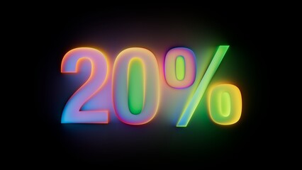 Neon numbers 20% glow with rainbow colors. Eye catching, modern discount design for sales and offer banners. 3D render effect.