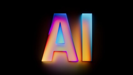 Neon AI shines in rainbow gradient. Futuristic, creative style fit for tech, artificial intelligence, and start up ads. 3D render effect.