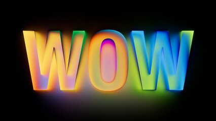 Rainbow neon WOW typography glows on black. Stunning, playful design for announcements, highlights, and promotional use. 3D render effect.