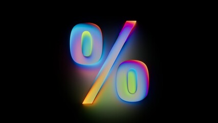 Neon percent sign % in colorful glow. Useful for promotion, discounts, and sale announcements in digital designs. 3D render effect.