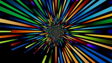 Radiant burst of neon beams in rainbow colors on black background. Energetic abstract light explosion with dynamic motion. 3D render illustration.