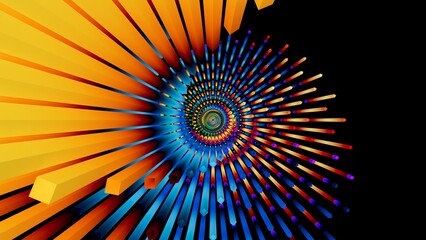 Large orange neon gear structure spirals into a blue center. Mechanical abstract 3D pattern with strong contrast. 3D render illustration.