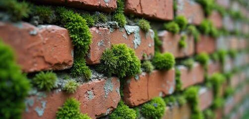 Close up photo shows old brick wall covered with green moss. Aged red bricks and green plants create textured surface. Natural growth details on deteriorating wall.