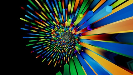 Fototapeta premium Abstract spiral of neon blocks in blue, yellow and green on black. Rotating 3D tunnel effect with vibrant colors. 3D render illustration.