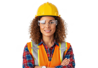 A confident woman wearing a yellow hard hat safety glasses and a high visibility vest isolated on transparent background