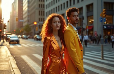 Obraz premium Stylish young couple stand on busy city street during golden hour. Woman has red curly hair, wears orange suit. Man wears yellow suit, looks serious. Urban fashion, modern lifestyle.