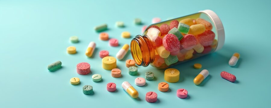 Colorful gummy chewable vitamins, various shaped pills spill from amber bottle onto light blue surface. Vibrant display promotes modern health, wellness, dietary products for adults, kids seeking
