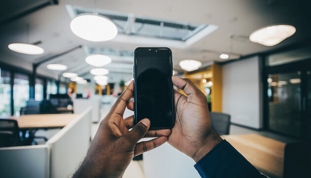 Person holding a smartphone with black screen in an office