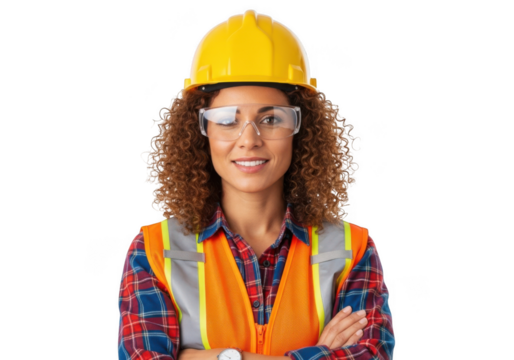 A confident woman wearing a yellow hard hat safety glasses and a high visibility vest isolated on transparent background