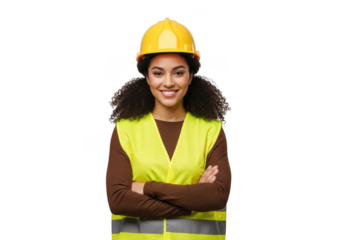 Smiling construction worker woman wearing yellow hard hat and reflective safety vest with arms crossed isolated on transparent background