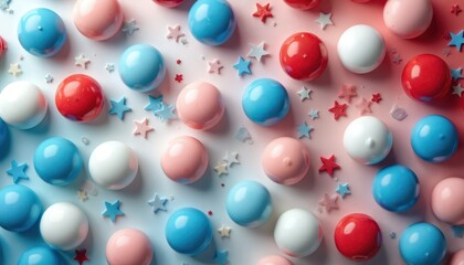 Red white blue pink spheres, star confetti create festive background. Colorful design perfect for celebrations, holidays, patriotic events. Sweet candy balls add playful texture for children party