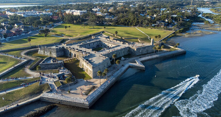 Aerial panoramic view of the Castillo De San Marcos, the Spanish fort in St Augustine, Florida,