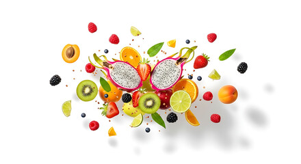 Vibrant assortment of fresh tropical fruits exploding in mid air