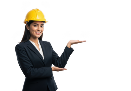 Professional female engineer wearing yellow hard hat and business suit presenting with open palms isolated on transparent background