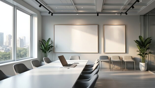Modern meeting room with large windows overlooking city skyline. Two empty picture frames on wall. Laptop on table. Chairs await discussion. - Powered by Adobe