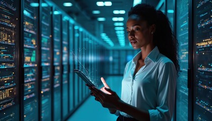 African american woman uses tablet in tech data center room. Businesswoman works with futuristic software, innovation. Digital transformation and future tech, AI concept. Data storage