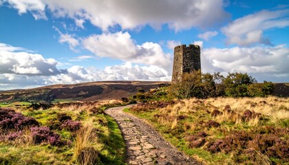 Stone tower and path in scenic landscape.