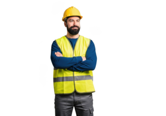Bearded construction worker wearing a yellow hard hat and reflective vest with arms crossed isolated on transparent background