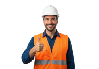 Smiling construction worker wearing a white hard hat and orange safety vest giving a thumbs up gesture isolated on transparent background