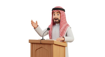 3D animated Arab man in traditional attire giving a speech at a podium with a microphone. Business presentation or conference concept.