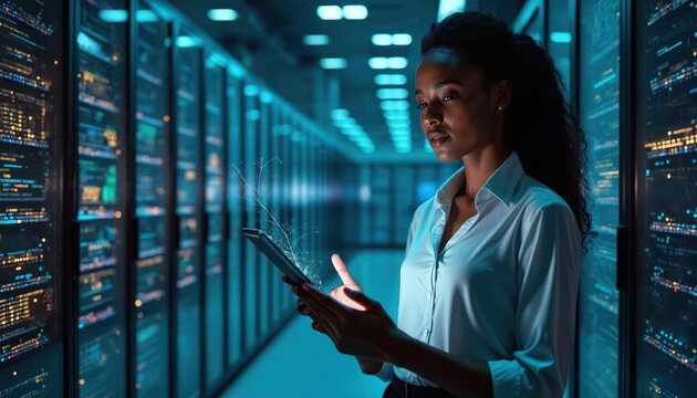 African american woman uses tablet in tech data center room. Businesswoman works with futuristic software, innovation. Digital transformation and future tech, AI concept. Data storage