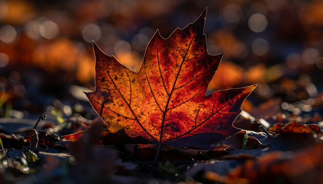 Vibrant autumn maple leaf backlit on the forest floor