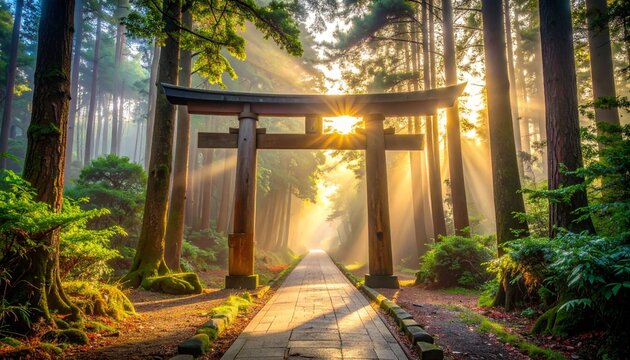 Sunlit Torii Gate in Forest Path. - Powered by Adobe