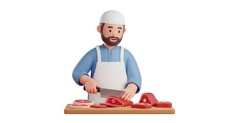 3D Muslim Butcher Character Cutting Raw Meat with Cleaver for Halal Preparation on White Background
