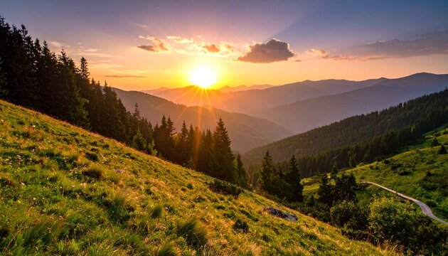 Sunset over mountain range landscape. - Powered by Adobe