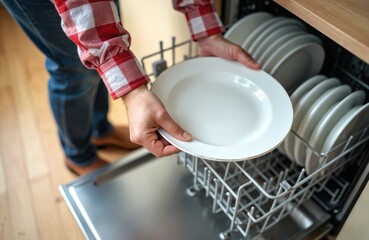 Person loads white plate into open dishwasher. Arrange several dishes inside kitchen appliance. Daily chore also simplifies household cleaning. Modern technology helps maintain tidy organized home.
