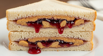 Classic peanut butter and jelly sandwich stacked and dripping