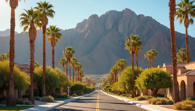 Desert road lined with palm trees and houses leads to a large mountain. Sunny day, clear sky, rich green trees contrast with arid landscape.
