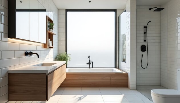 Modern minimalist bathroom interior with white subway tiles wooden vanity black matte fixtures. Large window provides natural light. Open shelves storage plants. Shower and bathtub are present.