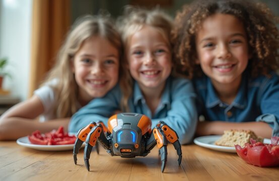 Diverse children smile near spider-like robot toy. Kids play with futuristic tech device at home table. Young friends explore AI, robotics, digital innovation, showing curiosity, future learning,