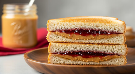 Classic stacked peanut butter and jelly sandwiches on a wooden plate