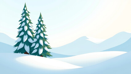 Fototapeta premium Bright calm flat illustration of fresh snow close up with two snowy firs soft warm blue shadows minimal serene winter palette