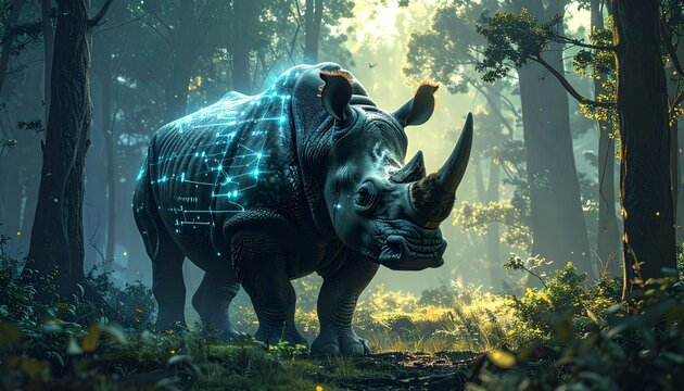 Rhino with Digital Overlay in Forest.