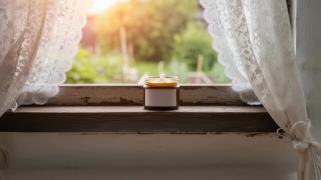 Top view of a jar with cream and white lace curtains blowing in the wind by the window with sunny garden. Beauty and self care footage.