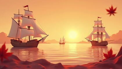 Fototapeta premium Three vintage sailing ships float on calm ocean water. Beautiful orange sunset fills sky, reflecting on water. Tall masts, white sails lit by warm light. Mountains form distant horizon. Red maple