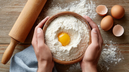 Baking preparation with hands cracking fresh egg into flour well on wooden surface